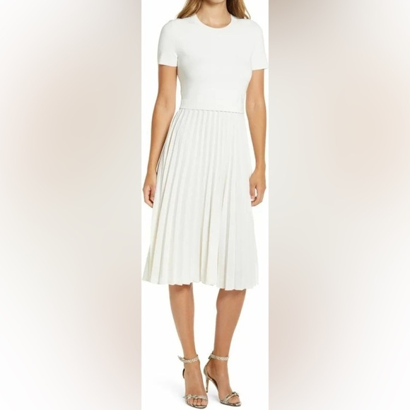 RACHEL PARCELL Ivory Cloud Pleated Crepe Skirt Mixed Media Knit Dress - Picture 3 of 10